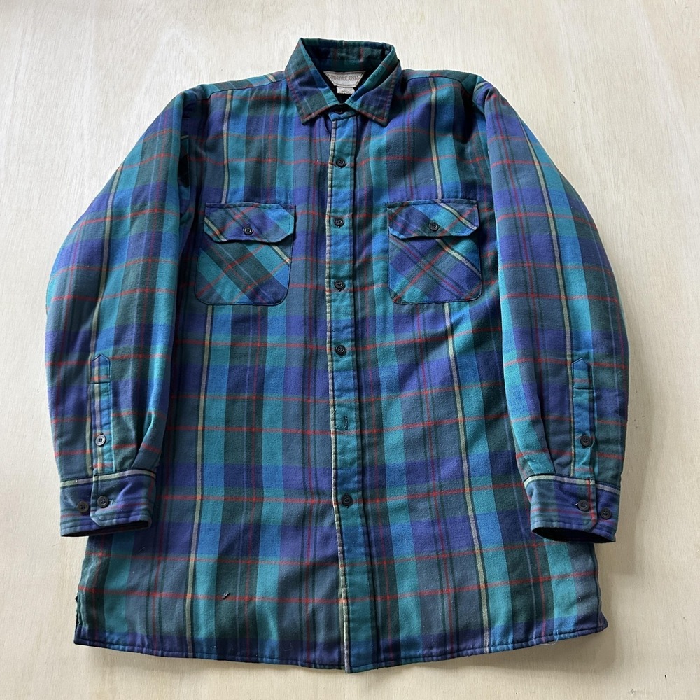 Vintage Timber Run Shirt Jacket Mens Medium Blue Plaid Quilted Flannel Outdoor